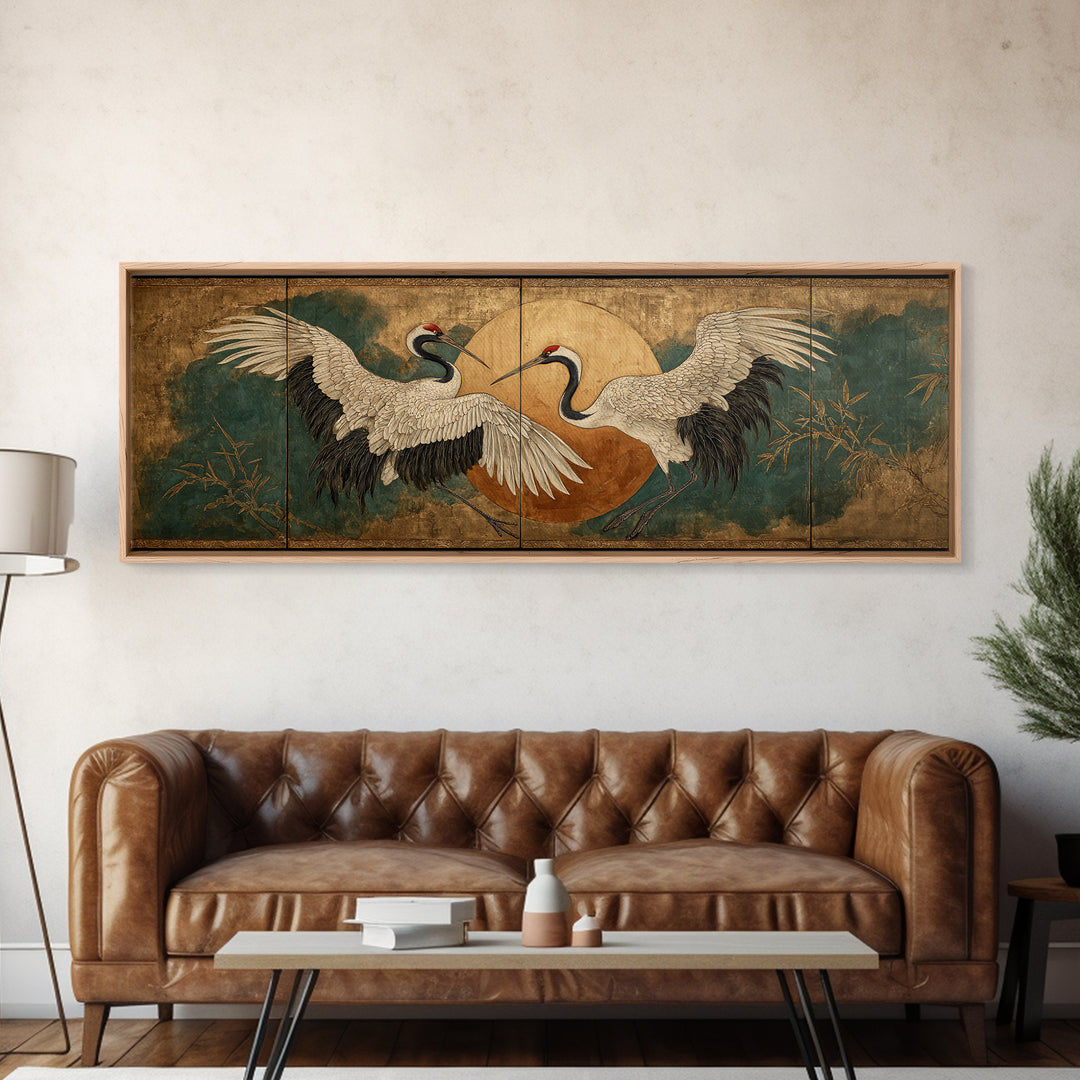 Pair of Cranes Dancing Framed Canvas Print, Bird Art, Digital Print, Living Room Decor, Abstract Art, Flight, Bird Prints, BIR-3x1-67