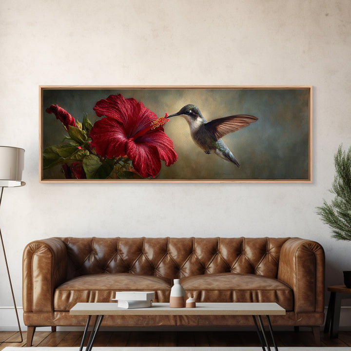 Hummingbird Hovering Beside Bright Hibiscus Framed Canvas Print, Bird Art, Living Room Decor, Watercolor Art, Flight, BIR-3x1-68