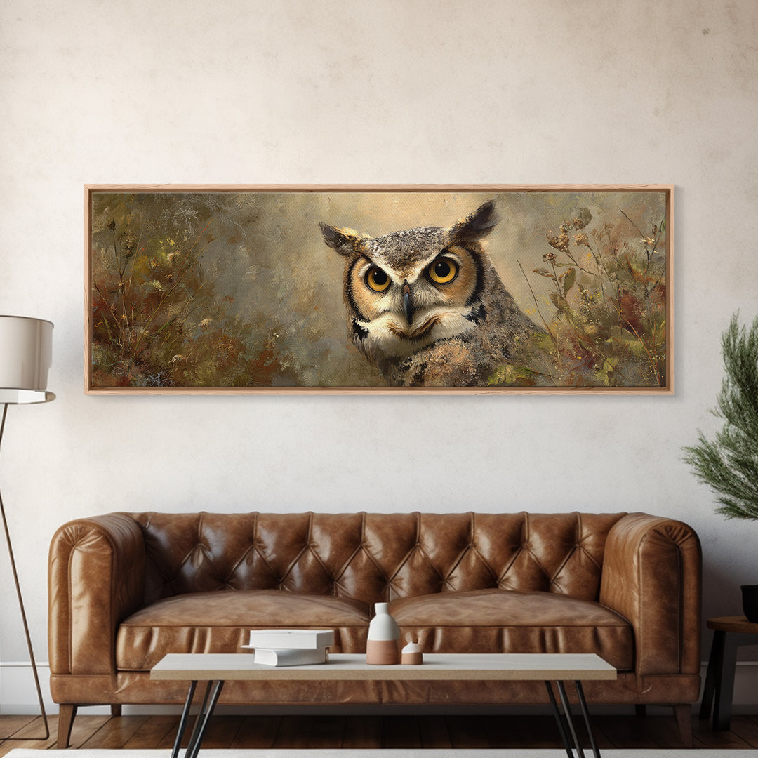 Owl Portrait with Wise Golden Eyes Framed Canvas Print, Bird Art, Living Room Art, Living Room Decor, Fine Art, Flight, BIR-3x1-69