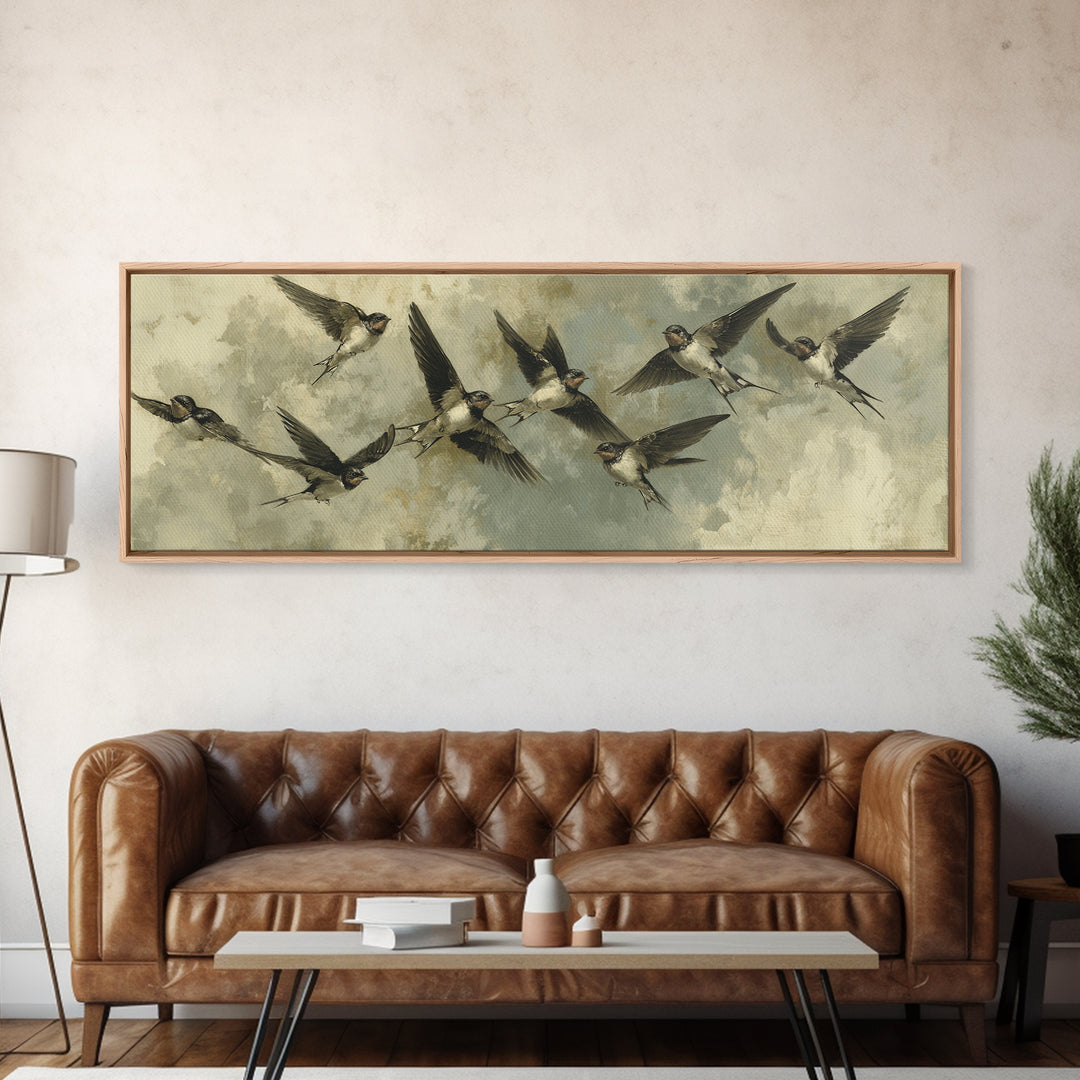 Flock of Swallows Sweeping Across Open Sky Canvas Print, Bird Art, Art Print, Living Room Decor, Oil Painting, Flight, BIR-3x1-70