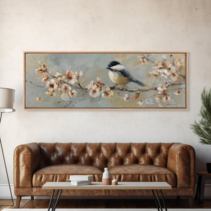 Songbird Perched on Cherry Blossoms Framed Canvas Print, Bird Art, Wall Art, Living Room Decor, Flight, Japanese Wall Art, BIR-3x1-72