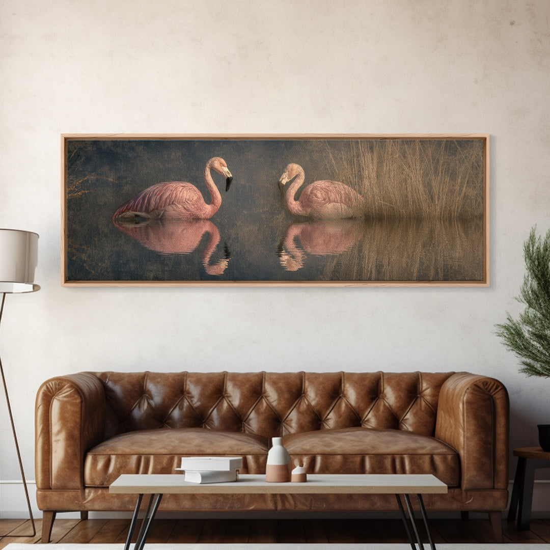 Flamingo Pair in Coral Water Reflections Framed Canvas Print, Bird Art, Modern Art, Living Room Decor, Oil Painting, Flight, BIR-3x1-74