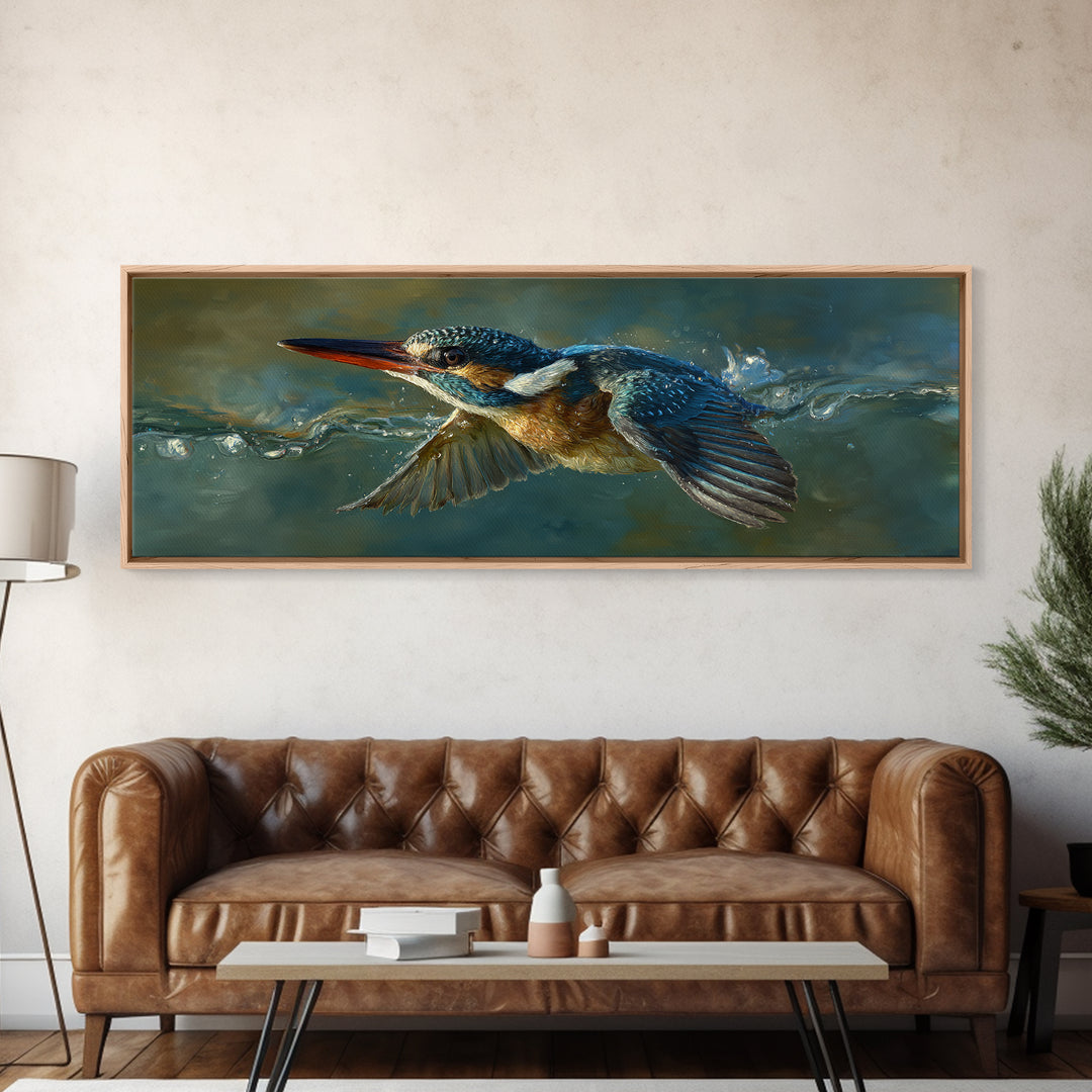 Kingfisher Diving Toward Blue Water Canvas Print, Bird Art, Farmhouse Decor, Living Room Decor, Flight, Digital Download Art, BIR-3x1-75