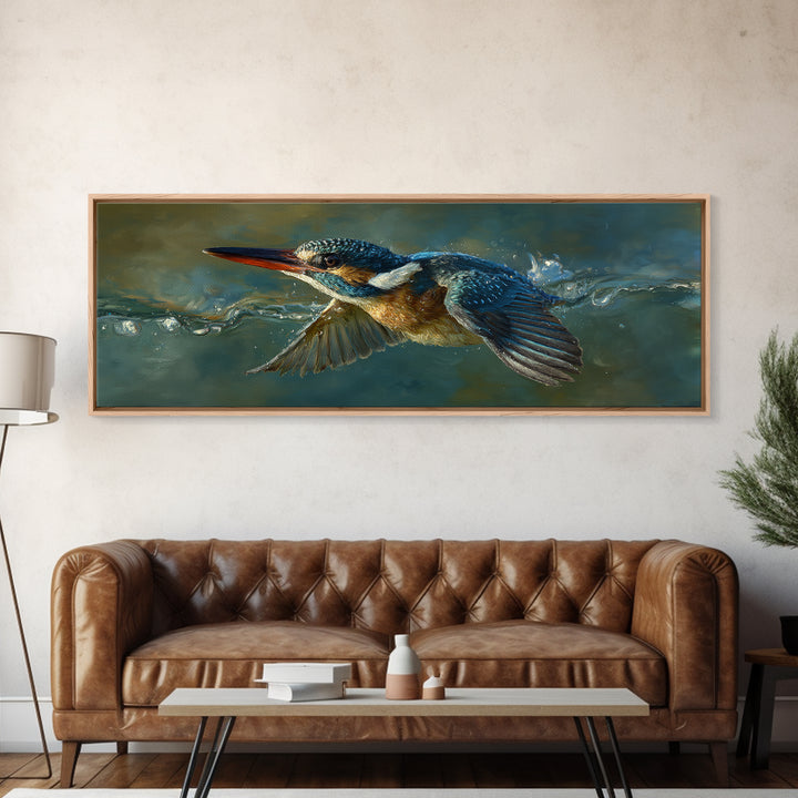 Kingfisher Diving Toward Blue Water Canvas Print, Bird Art, Farmhouse Decor, Living Room Decor, Flight, Digital Download Art, BIR-3x1-75