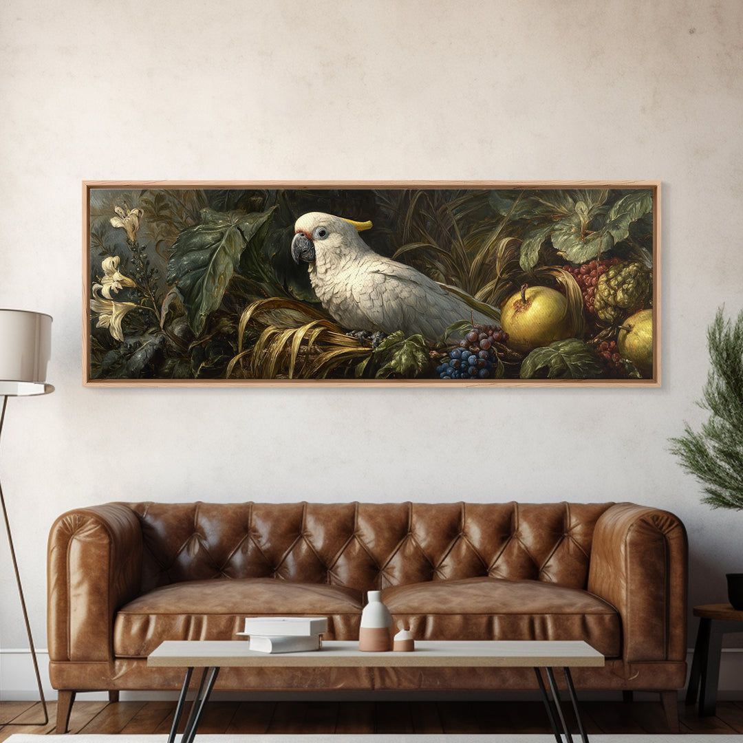 Parrot Among Tropical Leaves and Fruit Framed Canvas Print, Bird Art, Bird Prints, Living Room Decor, Fine Art, Flight, BIR-3x1-77