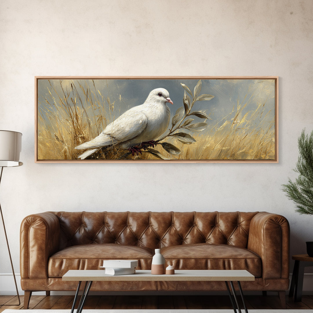 White Dove with Olive Branch and Calm Canvas Print, Bird Art, Nature Prints, Living Room Decor, Watercolor Art, Flight, BIR-3x1-8