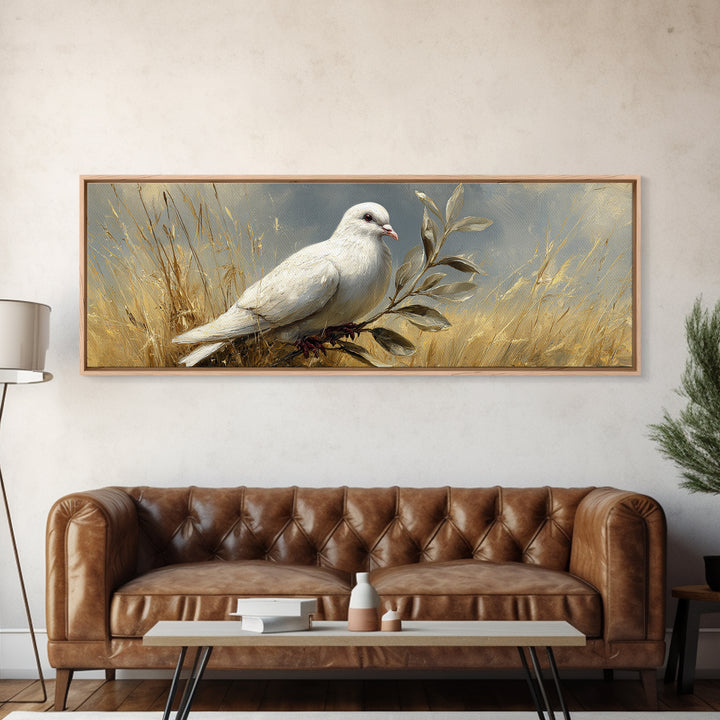 White Dove with Olive Branch and Calm Canvas Print, Bird Art, Nature Prints, Living Room Decor, Watercolor Art, Flight, BIR-3x1-8