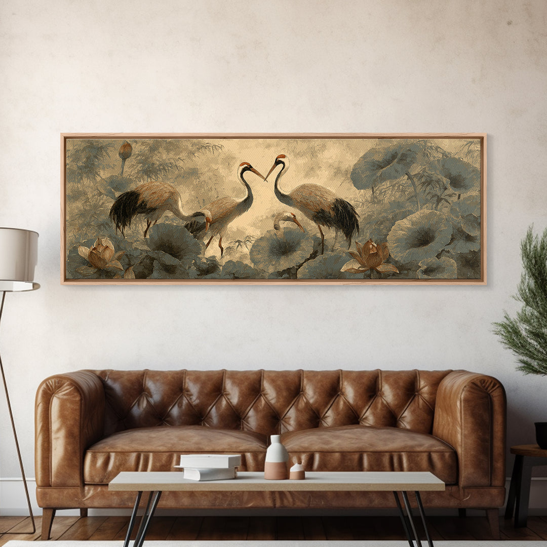 Crane and Lotus Composition Framed Canvas Print, Bird Art, Mid Century Wall Art, Living Room Decor, Fine Art, Flight, BIR-3x1-81