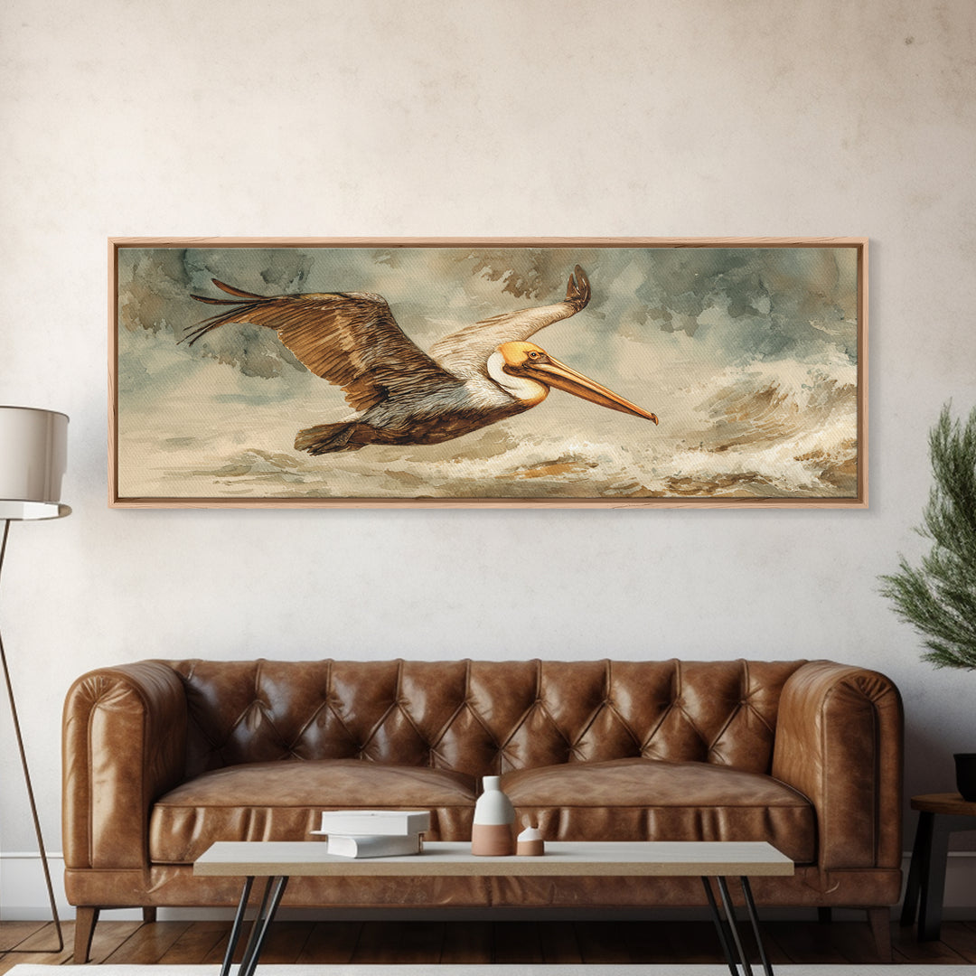 Pelican Flying over Coastal Waves Framed Canvas Print, Bird Art, Japanese Wall Art, Living Room Decor, Fine Art, Flight, BIR-3x1-82