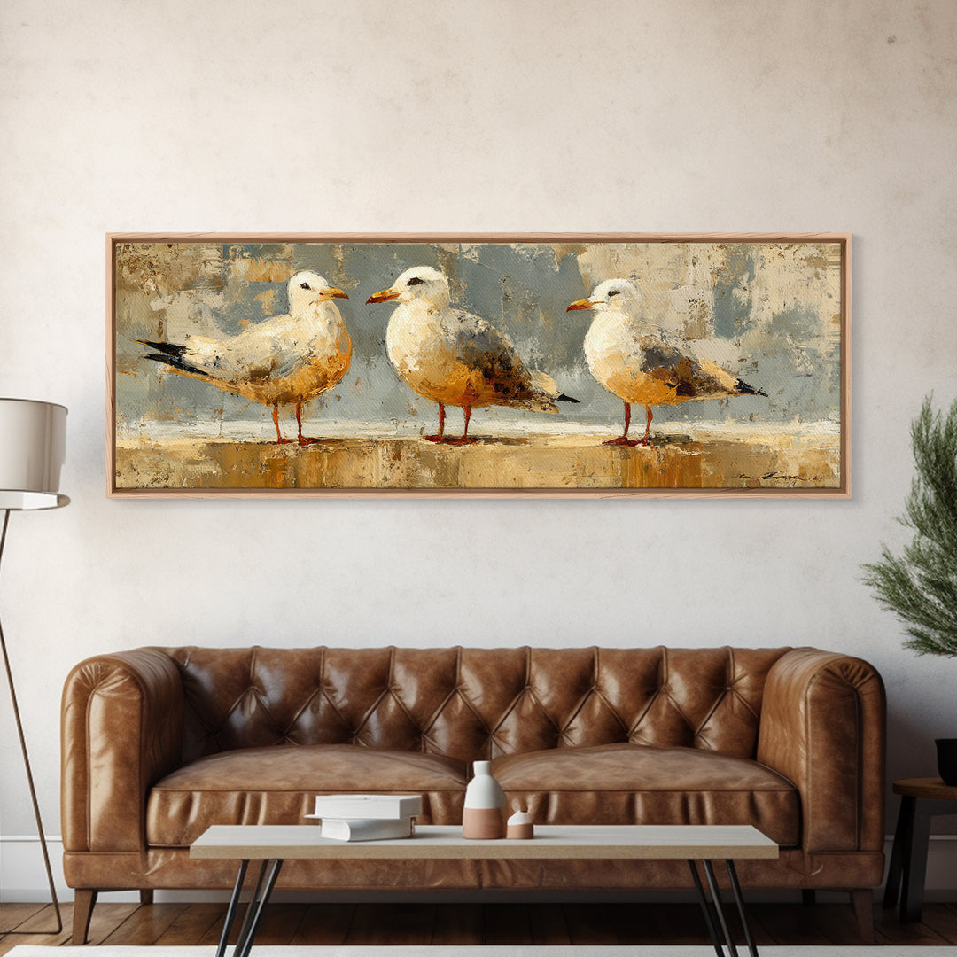Seagulls Above a Pale Beach Horizon Framed Canvas Print, Bird Art, Digital Prints, Living Room Decor, Fine Art, Flight, BIR-3x1-84