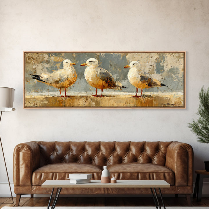 Seagulls Above a Pale Beach Horizon Framed Canvas Print, Bird Art, Digital Prints, Living Room Decor, Fine Art, Flight, BIR-3x1-84