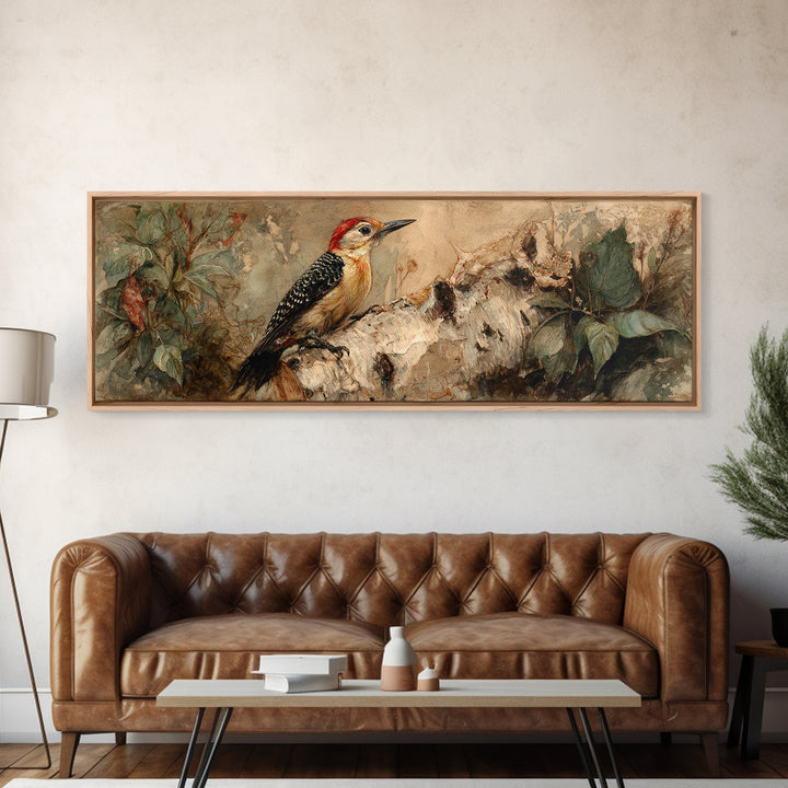 Woodpecker on Birch Bark Texture Canvas Print, Bird Art, Digital Download Art, Living Room Decor, Oil Painting, Flight, BIR-3x1-85