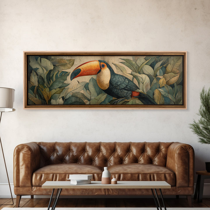 Toucan Framed by Bold Jungle Foliage Framed Canvas Print, Bird Art, Original Art, Living Room Decor, Fine Art, Flight, BIR-3x1-87