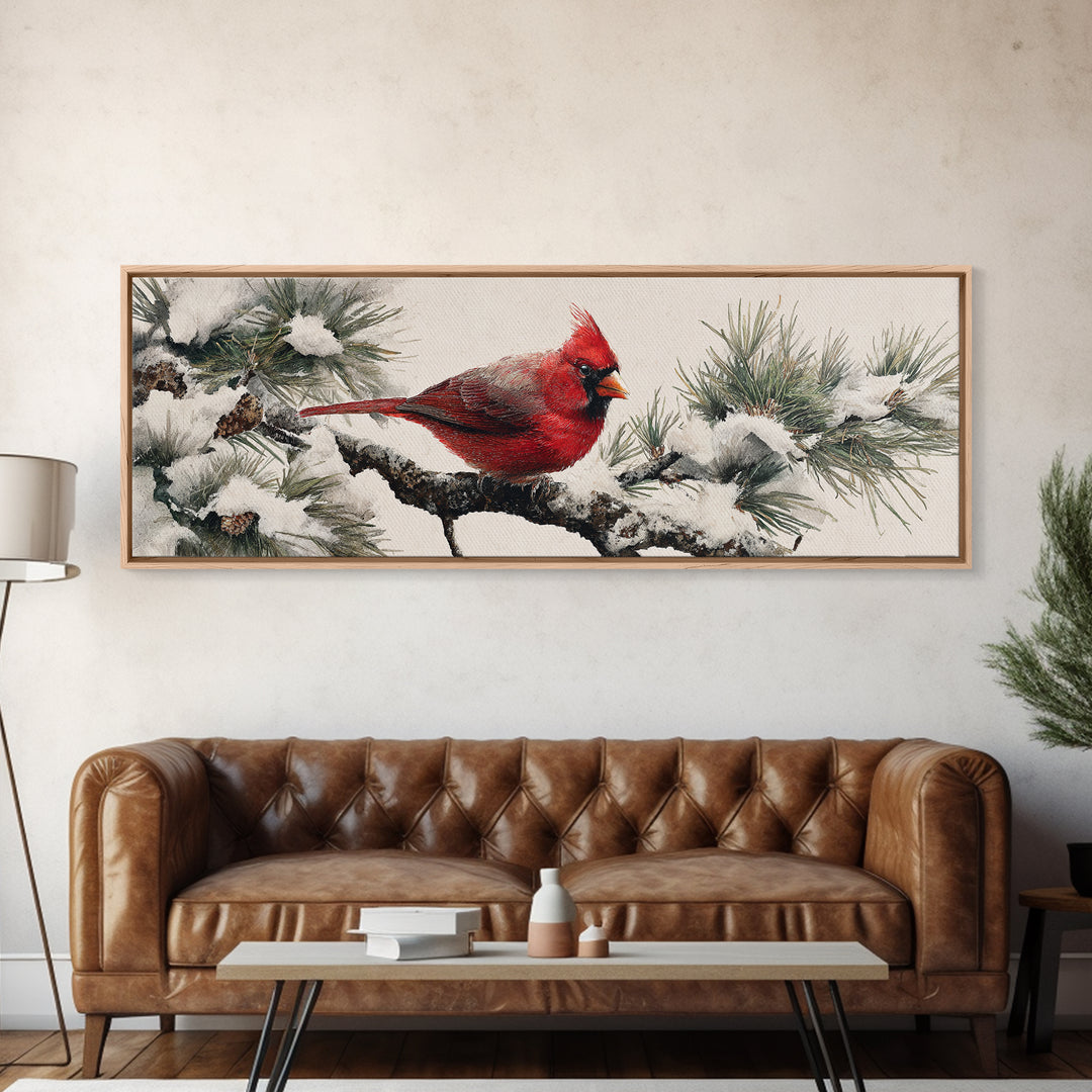 Red Cardinal on Snowy Pine Branch Framed Canvas Print, Bird Art, Floral Art, Living Room Decor, Fine Art, Flight, BIR-3x1-89