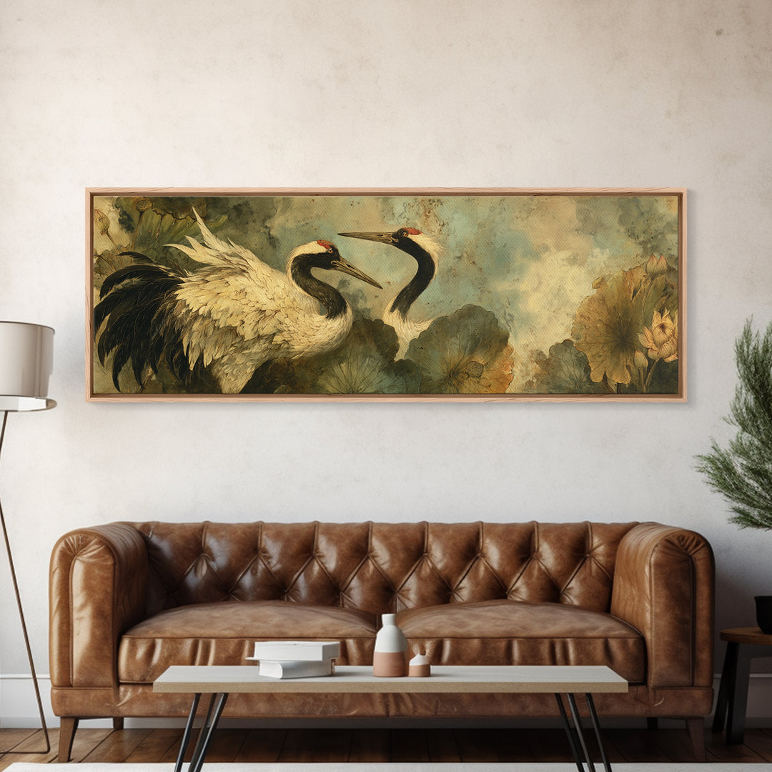 Crane and Lotus Composition Framed Canvas Print, Bird Art, Farmhouse Decor, Living Room Decor, Flight, Digital Download Art, BIR-3x1-9