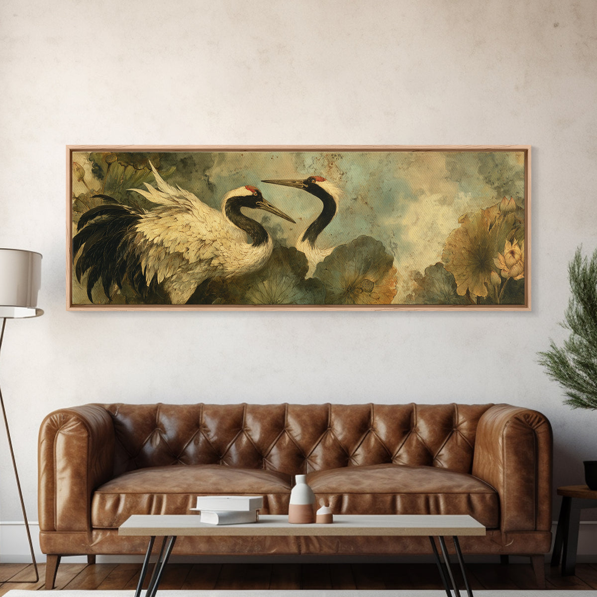 Crane and Lotus Composition Framed Canvas Print, Bird Art, Farmhouse Decor, Living Room Decor, Flight, Digital Download Art, BIR-3x1-9