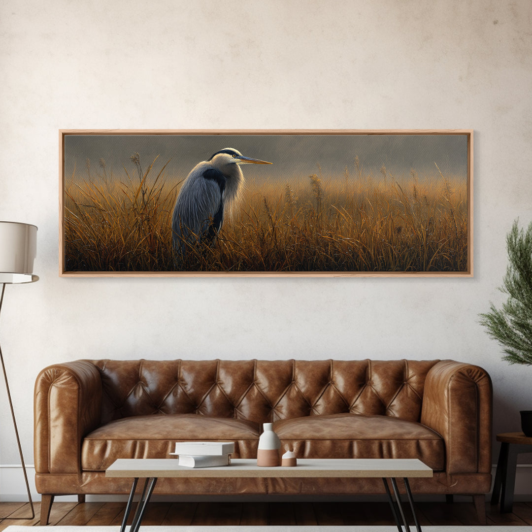 Blue Heron in Misty Marsh Grass Framed Canvas Print, Bird Art, Bird Prints, Living Room Decor, Fine Art, Flight, Modern Decor, BIR-3x1-90