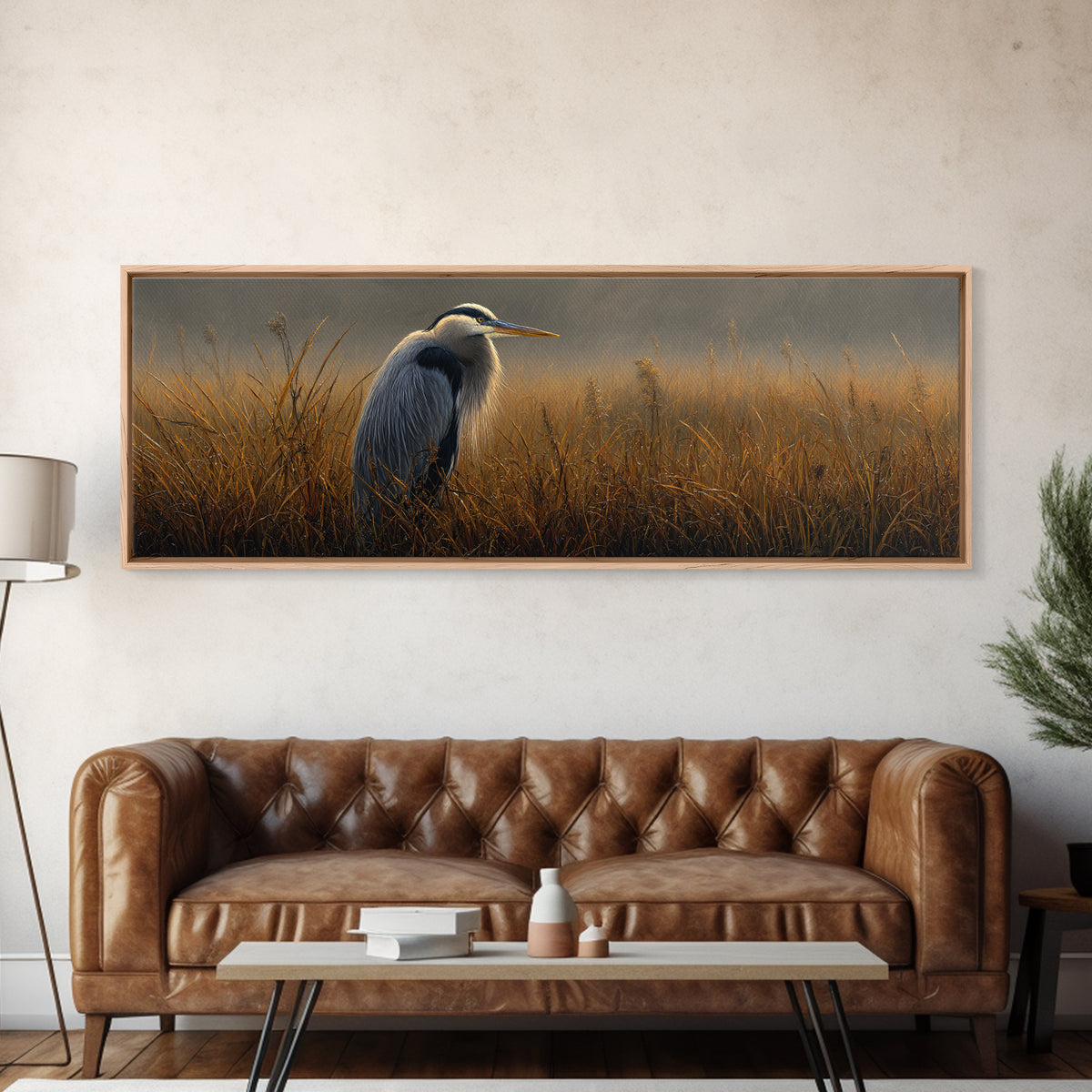 Blue Heron in Misty Marsh Grass Framed Canvas Print, Bird Art, Bird Prints, Living Room Decor, Fine Art, Flight, Modern Decor, BIR-3x1-90