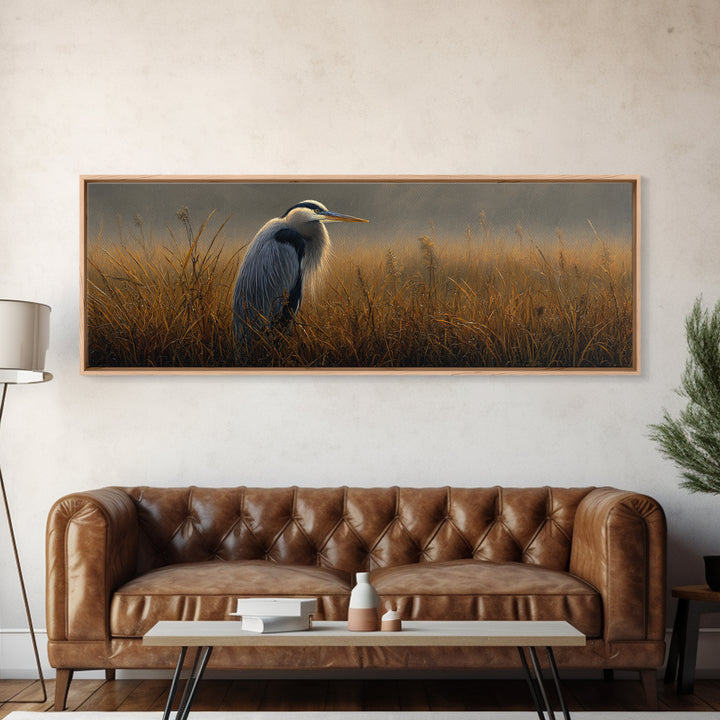 Blue Heron in Misty Marsh Grass Framed Canvas Print, Bird Art, Bird Prints, Living Room Decor, Fine Art, Flight, Modern Decor, BIR-3x1-90