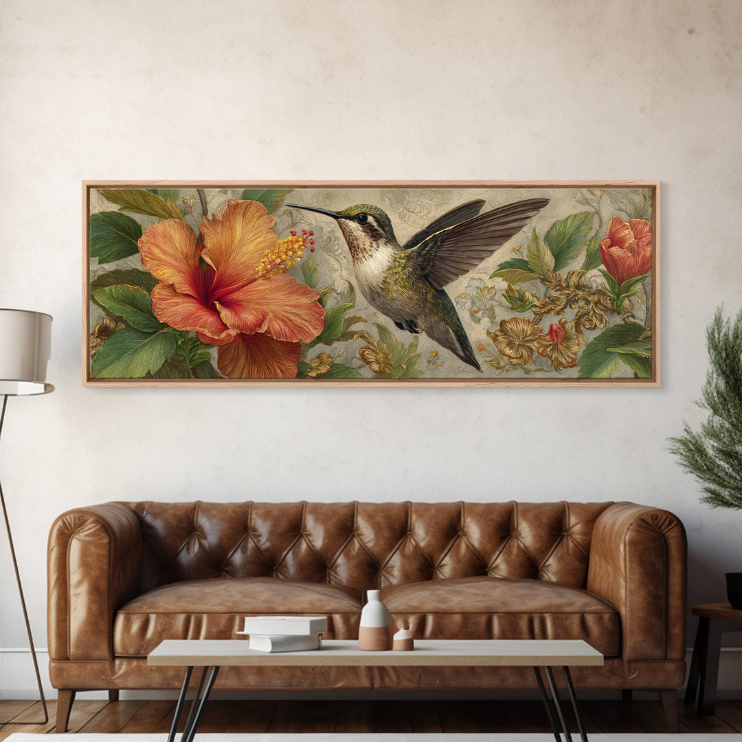 Hummingbird Hovering Beside Bright Hibiscus Canvas Print, Bird Art, Mid Century Modern, Living Room Decor, Oil Painting, Flight, BIR-3x1-92