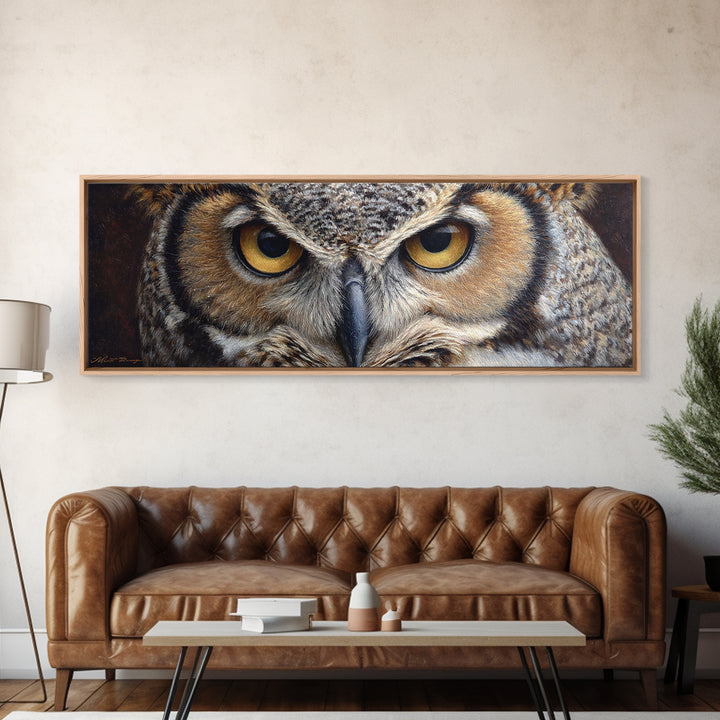 Owl Portrait with Wise Golden Eyes Canvas Print, Bird Art, Forest Wall Art, Living Room Decor, Flight, Minimalist Decor, BIR-3x1-93