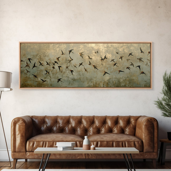 Flock of Swallows Sweeping Across Open Sky Canvas Print, Bird Art, Botanical Wall Art, Living Room Decor, Watercolor Art, BIR-3x1-94