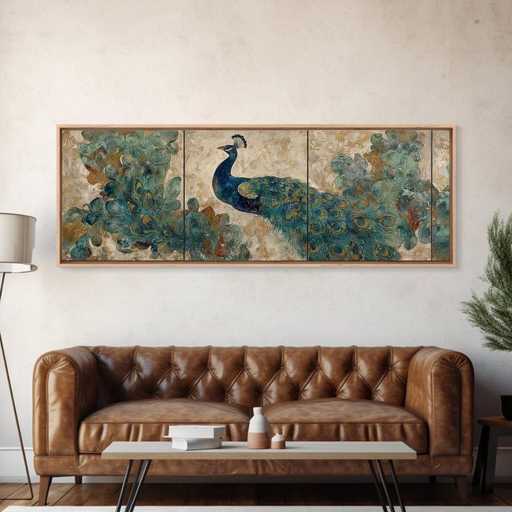 Peacock with Jewel Tone Feather Pattern Canvas Print, Bird Art, Textured Painting, Living Room Decor, Oil Painting, Flight, BIR-3x1-95