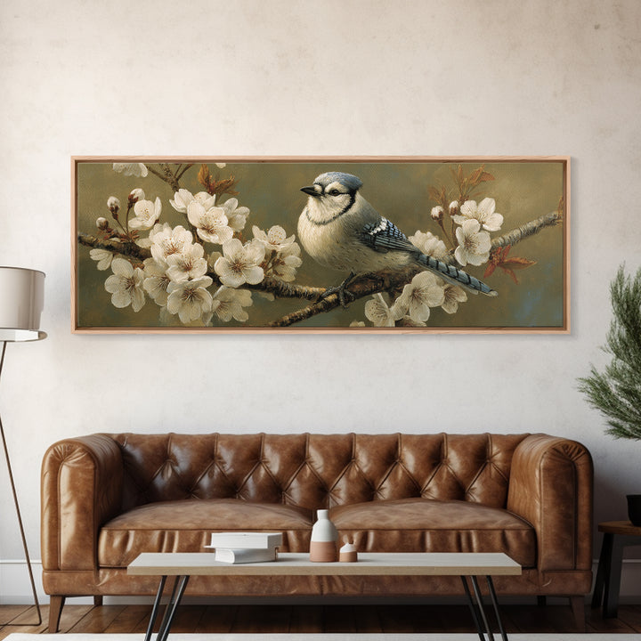 Songbird Perched on Cherry Blossoms Canvas Print, Bird Art, Neutral Decor, Living Room Decor, Fine Art, Flight, Wall Art, BIR-3x1-96