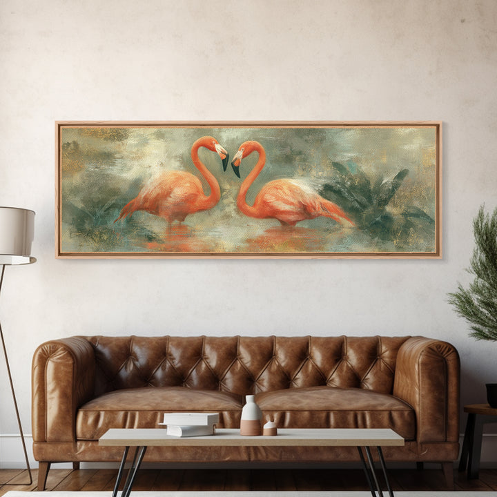 Flamingo Pair in Coral Water Reflections Canvas Print, Bird Art, Digital Download Art, Living Room Decor, Fine Art, Flight, BIR-3x1-98