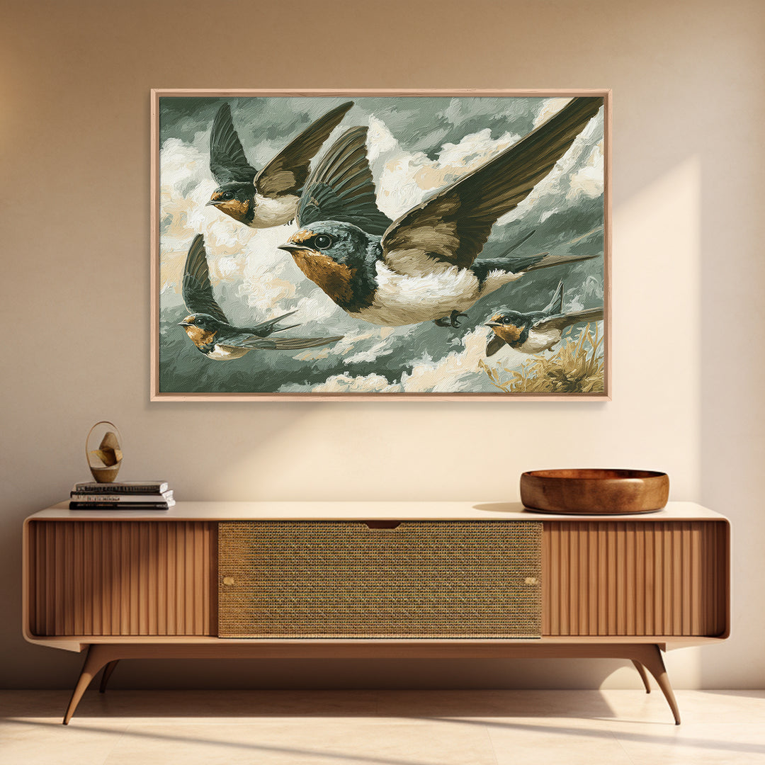 Flock of Swallows Sweeping Across Open Sky Framed Canvas Print, Bird Art, Watercolor Painting, Living Room Decor, Flight, BIR-3x2-10