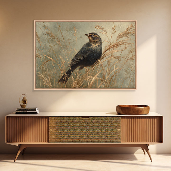 Blackbird on Gold Wheat Field Framed Canvas Print, Bird Art, Fine Art Print, Living Room Decor, Oil Painting, Flight, BIR-3x2-100