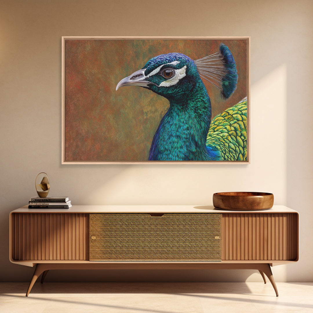 Peacock with Jewel Tone Feather Pattern Canvas Print, Bird Art, Mid Century Wall Art, Living Room Decor, Fine Art, Flight, BIR-3x2-11