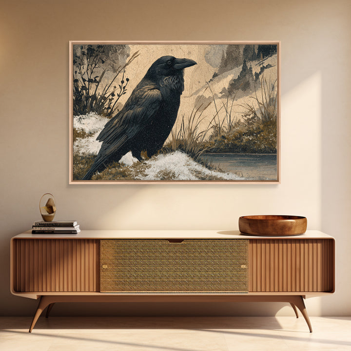 Raven Silhouette with Gothic Atmosphere Framed Canvas Print, Bird Art, Living Room Decor, Watercolor Art, Flight, BIR-3x2-13