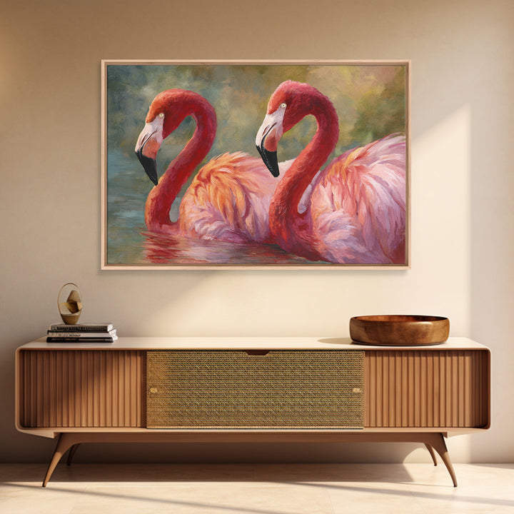 Flamingo Pair in Coral Water Reflections Framed Canvas Print, Bird Art, Original Art, Living Room Decor, Fine Art, Flight, BIR-3x2-14