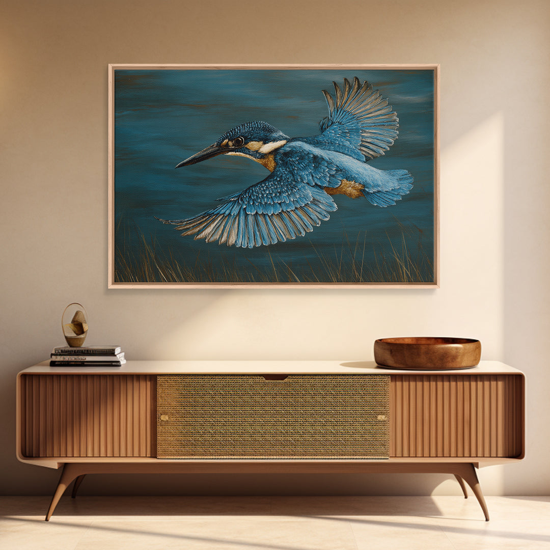 Kingfisher Diving Toward Blue Water Framed Canvas Print, Bird Art, Printable Art, Living Room Decor, Fine Art, Flight, BIR-3x2-15