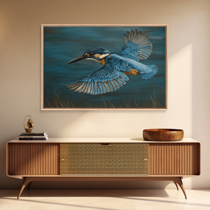 Kingfisher Diving Toward Blue Water Framed Canvas Print, Bird Art, Printable Art, Living Room Decor, Fine Art, Flight, BIR-3x2-15