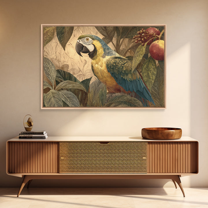 Parrot Among Tropical Leaves and Fruit Canvas Print, Bird Art, Modern Art, Living Room Decor, Fine Art, Flight, Floral Art, BIR-3x2-17