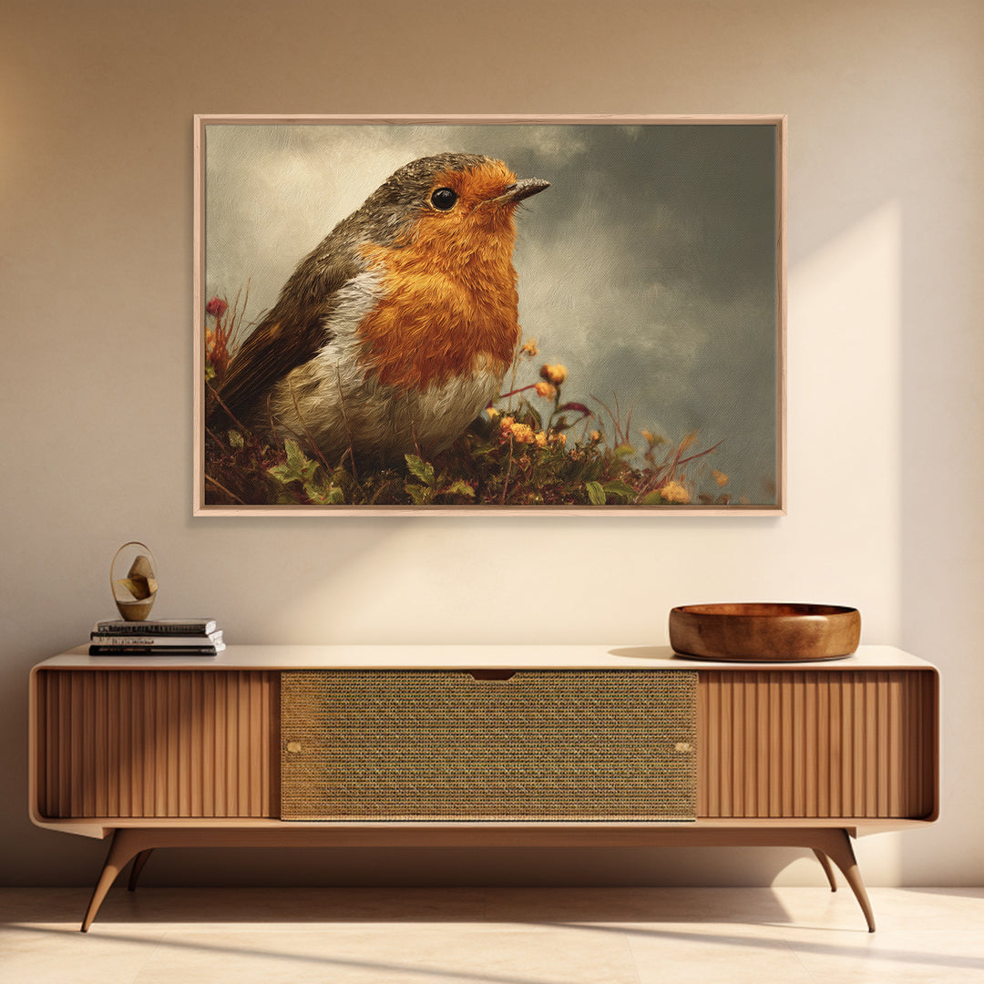Robin in a Spring Garden with Soft Framed Canvas Print, Bird Art, Nature Prints, Living Room Decor, Fine Art, Flight, BIR-3x2-19