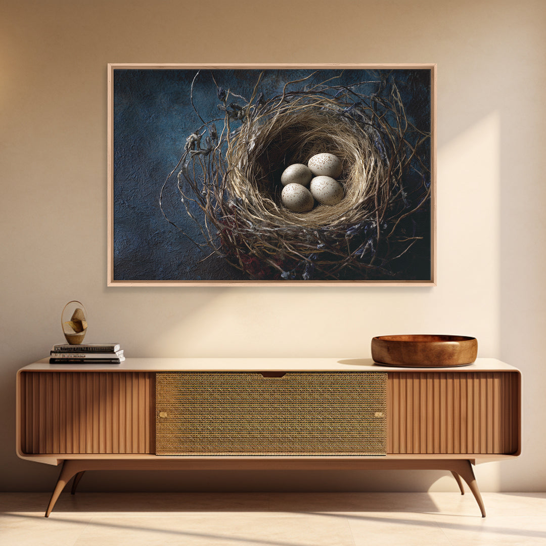 Bird Nest with Eggs and Delicate Twigs Framed Canvas Print, Bird Art, Printable Wall Art, Living Room Decor, Fine Art, Flight, BIR-3x2-2