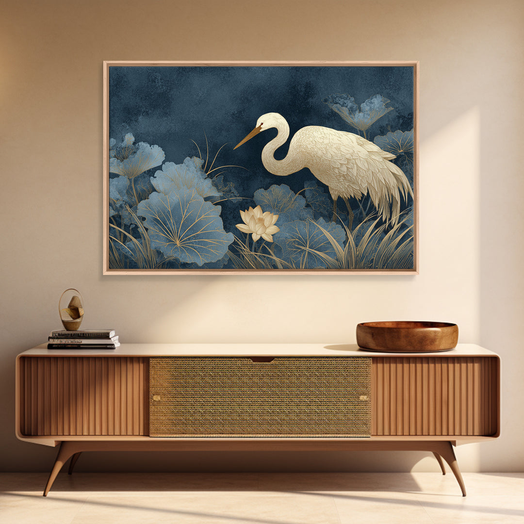 Crane and Lotus Composition Canvas Print, Bird Art, Botanical Wall Art, Living Room Decor, Fine Art, Flight, Forest Wall Art, BIR-3x2-21