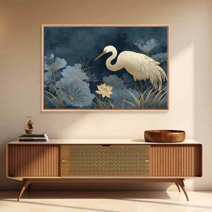 Crane and Lotus Composition Canvas Print, Bird Art, Botanical Wall Art, Living Room Decor, Fine Art, Flight, Forest Wall Art, BIR-3x2-21