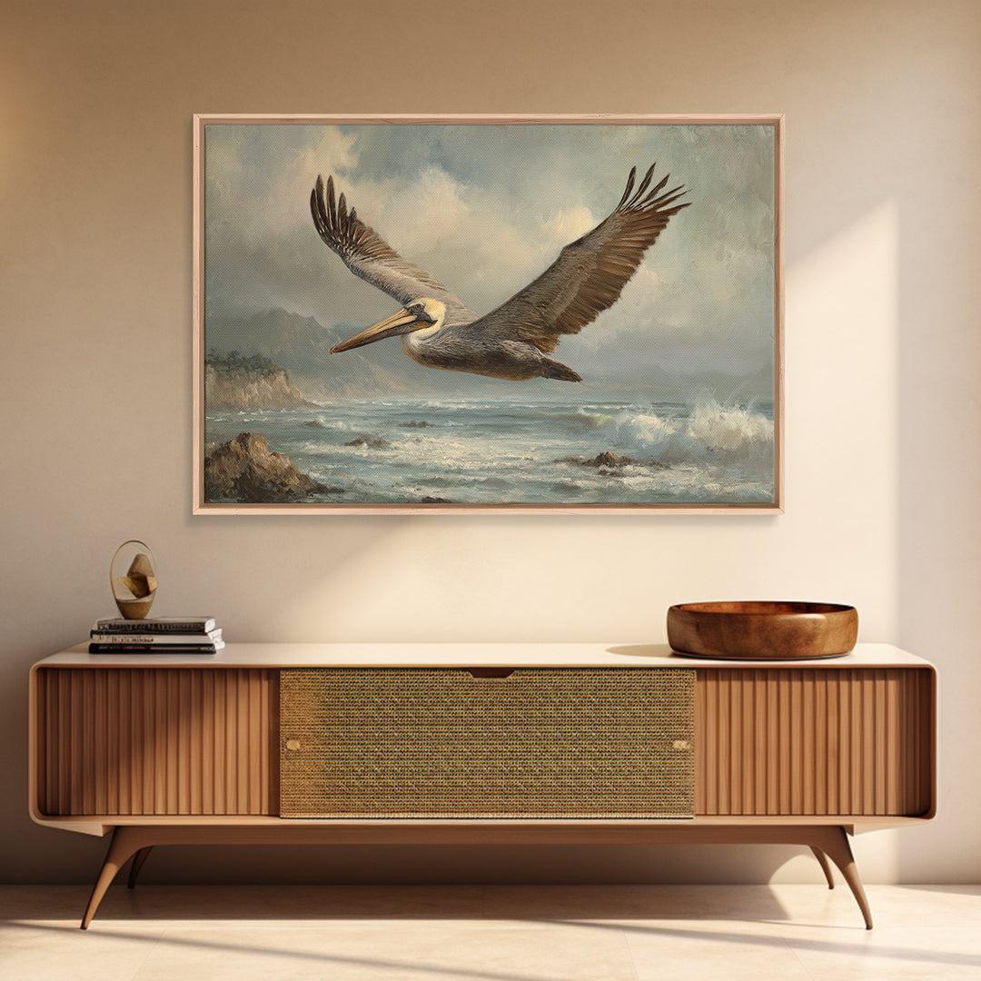 Pelican Flying over Coastal Waves Canvas Print, Bird Art, Printable Art, Living Room Decor, Oil Painting, Flight, BIR-3x2-22