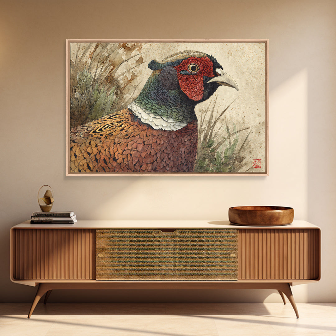 Pheasant with Ornate Feather Details Framed Canvas Print, Bird Art, Modern Art, Living Room Decor, Fine Art, Flight, Floral Art, BIR-3x2-23