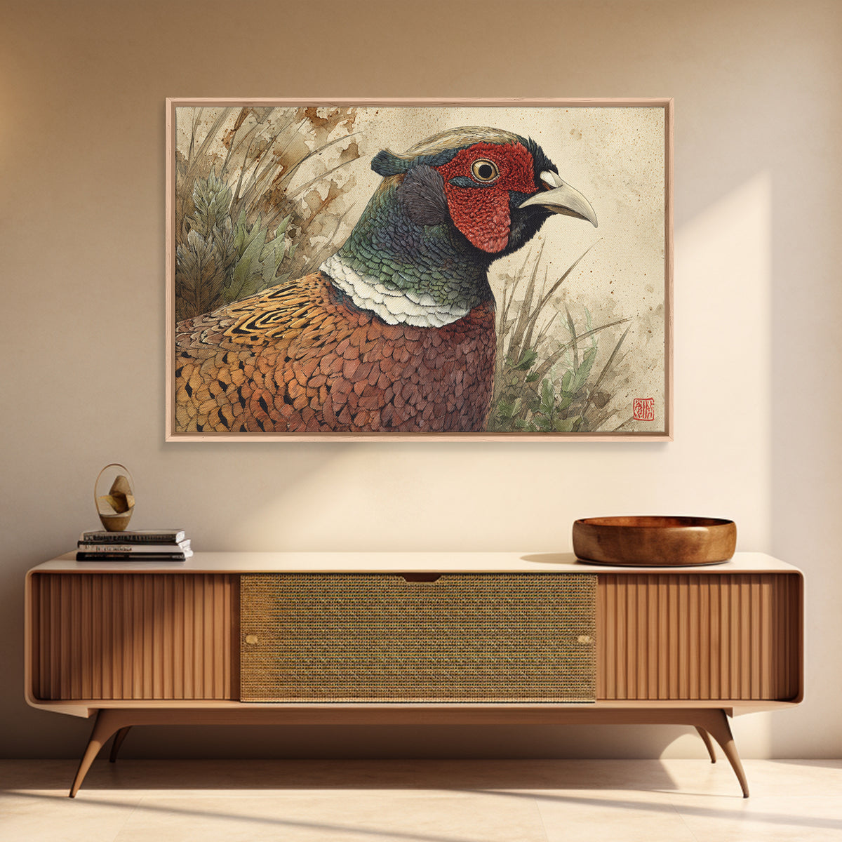 Pheasant with Ornate Feather Details Framed Canvas Print, Bird Art, Modern Art, Living Room Decor, Fine Art, Flight, Floral Art, BIR-3x2-23
