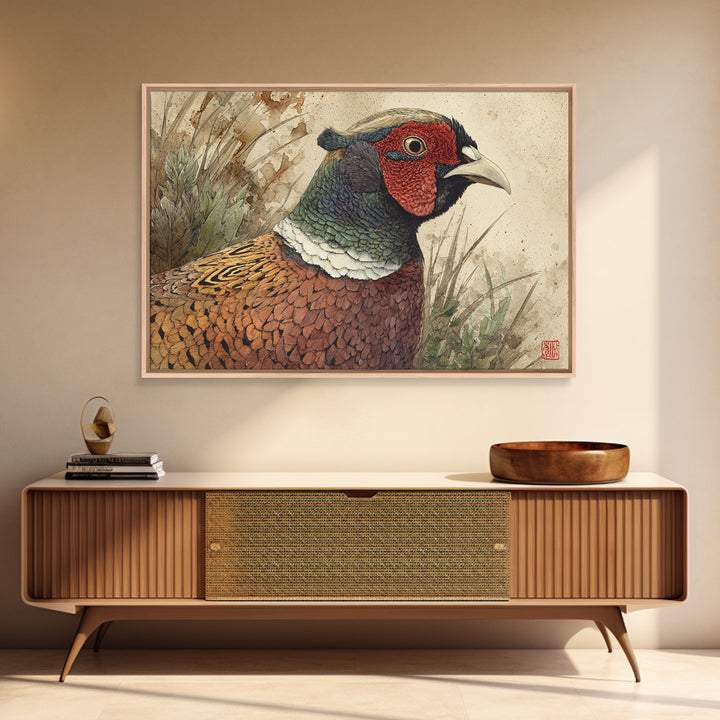 Pheasant with Ornate Feather Details Framed Canvas Print, Bird Art, Modern Art, Living Room Decor, Fine Art, Flight, Floral Art, BIR-3x2-23