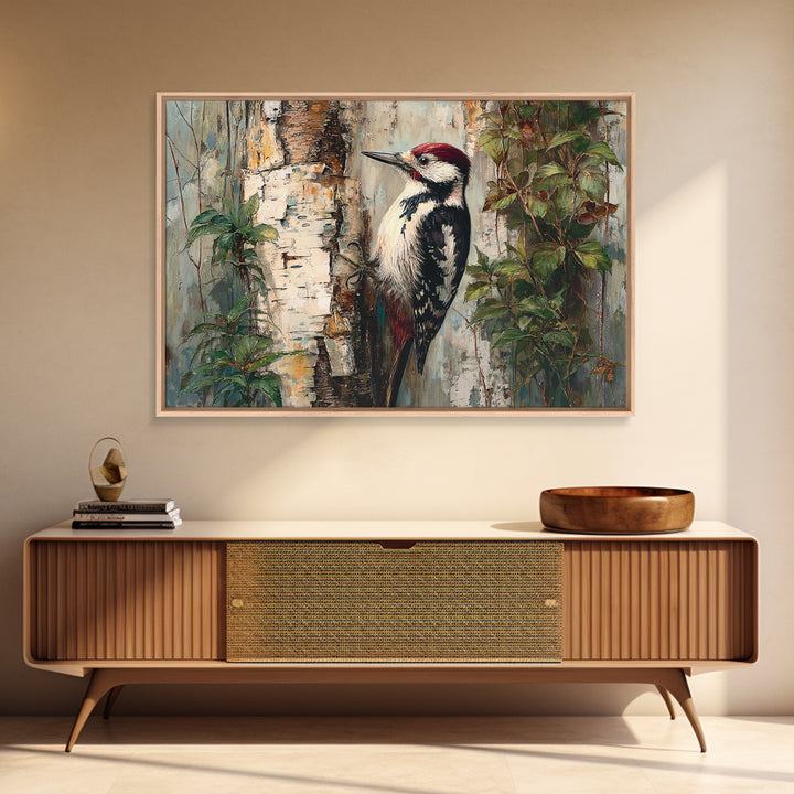 Woodpecker on Birch Bark Texture Framed Canvas Print, Bird Art, Gallery Wall, Living Room Decor, Abstract Art, Flight, BIR-3x2-25
