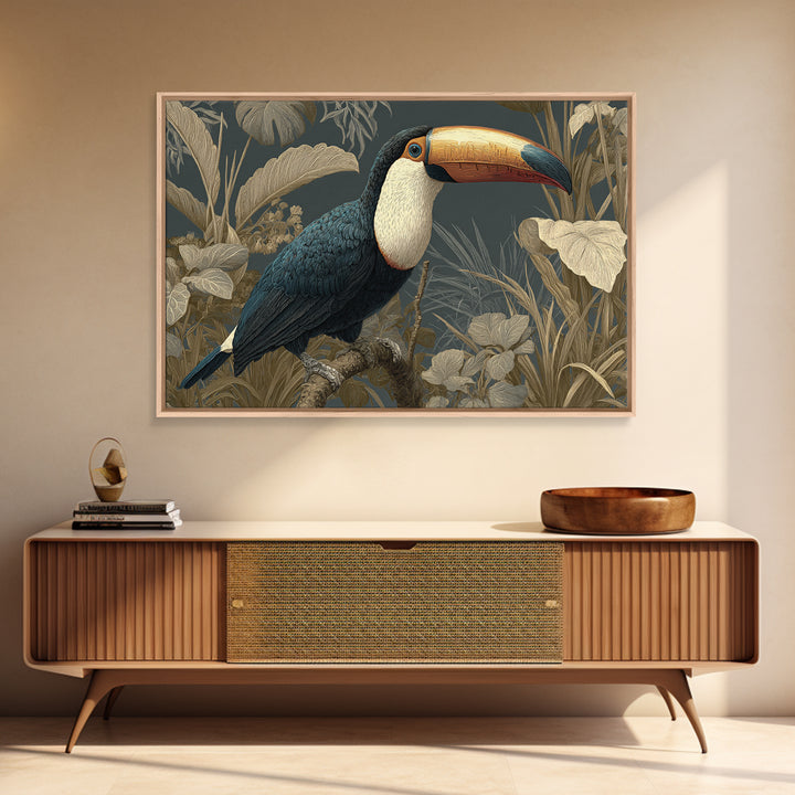 Toucan Framed by Bold Jungle Foliage Framed Canvas Print, Bird Art, Mcm Decor, Living Room Decor, Flight, Neutral Decor, BIR-3x2-27