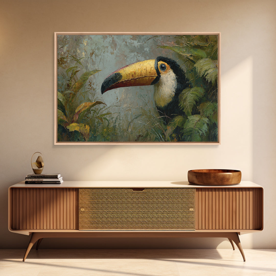 Toucan Framed by Bold Jungle Foliage Canvas Print, Bird Art, Modern Wall Art, Living Room Decor, Flight, Bird Wall Art, BIR-3x2-3