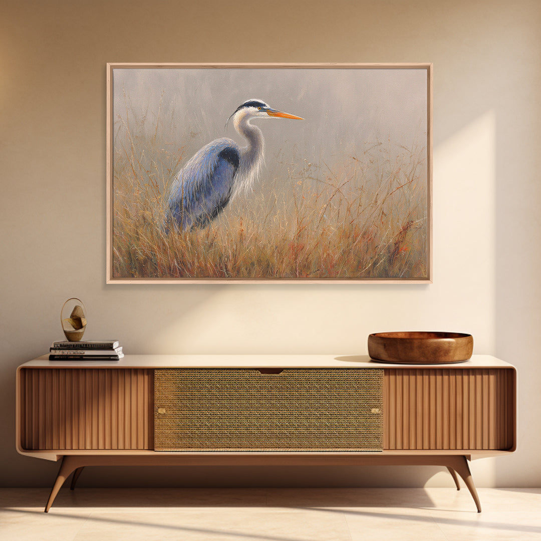 Blue Heron in Misty Marsh Grass Canvas Print, Bird Art, Modern Art, Living Room Decor, Flight, Floral Art, Forest Wall Art, BIR-3x2-30