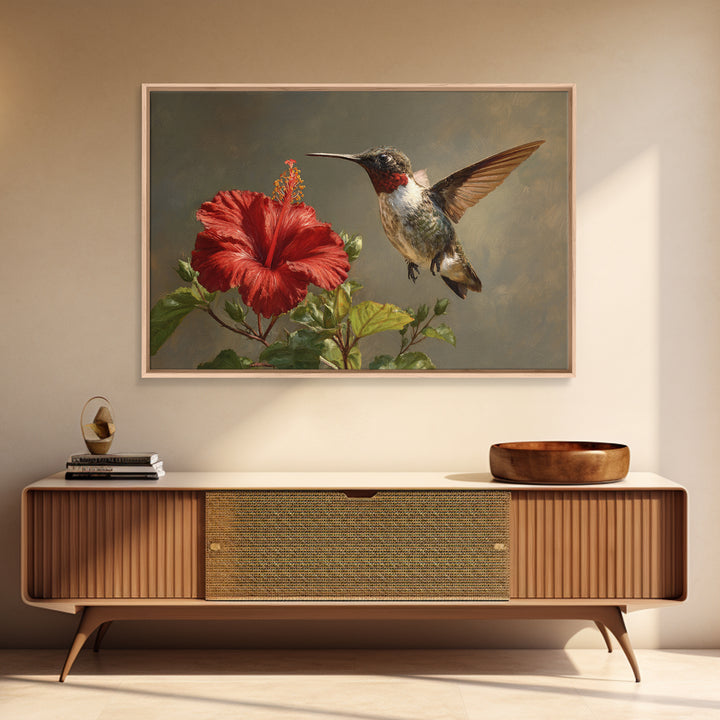 Hummingbird Hovering Beside Bright Hibiscus Canvas Print, Bird Art, Botanical Wall Art, Living Room Decor, Fine Art, Flight, BIR-3x2-32